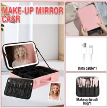 1 Piece - Portable And Stylish Makeup Bag, Cherry Blossom Pink/High-End Black, Built-In LED Rechargeable Mirror, 3 Adjustable Mirror Brightness Levels (Long Press To Adjust), 1200mAh Battery Capacity, USB 5V Power Supply, Portable Large-Capacity Cosmetic Storage Box With Adjustable Dividers, Makeup Brush Storage Bag, Suitable For Home, Travel And Hotel Use, A Perfect Holiday Surprise Gift For Girls. - 粉色 - 查看 7