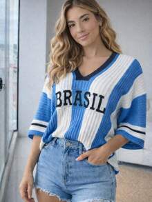 Women's Blouse, Oversized T-Shirt, Brazil, Striped Knit - Màu xanh lam - Xem 1