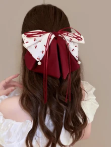 Cute Cherry Bow Ribbon Hair Claw Clip, Hair Claw Bun Hairstyle Accessory - Red and White - View 6
