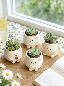 Smiling Face Planter, Cute Expression Design, No Drainage Hole, Funny Small Flower Pot, Suitable For Indoor Succulents, Unique Gift For Plant Lovers - Multicolor - View 2