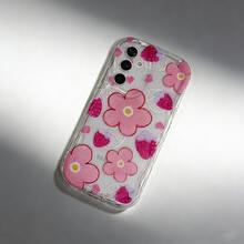 1 pieza Funda de teléfono transparente con borde ondulado y cobertura completa, a prueba de caídas, con diseño de flor rosa grande, fresa roja en forma de corazón y estilo de dibujos animados lindo y minimalista, compatible con Samsung/Spark/Go/Camon/Smart/Pop/Pro/Hot/Note/RENO/90/Lite, versión internacional, no la versión nacional - Multicolor - Ver 5