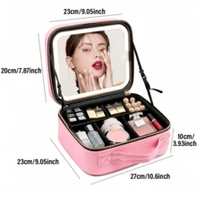 1 Piece - Portable And Stylish Makeup Bag, Cherry Blossom Pink/High-End Black, Built-In LED Rechargeable Mirror, 3 Adjustable Mirror Brightness Levels (Long Press To Adjust), 1200mAh Battery Capacity, USB 5V Power Supply, Portable Large-Capacity Cosmetic Storage Box With Adjustable Dividers, Makeup Brush Storage Bag, Suitable For Home, Travel And Hotel Use, A Perfect Holiday Surprise Gift For Girls. - 粉色 - 查看 2