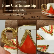 Set de tasse à café et soucoupe en céramique vintage avec motif géométrique doré embossé et peint à la main, service à thé en céramique de style européen de luxe avec motif embossé asymétrique, service à thé arabe élégant, convient pour le café, le cappuccino, le latte, le lait, les tasses à thé aux fleurs, la Saint-Valentin, le cadeau de l'Aïd al-Adha, cadeau de mariage - (80 ml), souvenir de remise des diplômes, couleur rouge/bleu/noir doré - Multicolore - Voir 9