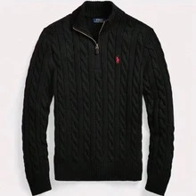 Polo Ralph Lauren Embroidered Knit Sweater For Men Fall/Winter Stand Collar Cable-Knit Half-Zip Thermal Sweater - Black - View 3