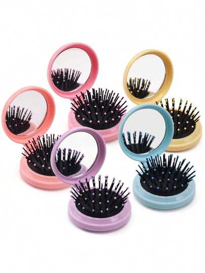 1PC Foldable Travel Hair Brush With Mirror – Compact Round Brush With Massage Bristles, Portable Mini Hair Comb For Purse & Vacation, Travel Essential For Women & Hairstylists, Mother's Day Gift-Ready Salon Tool, Festival & Dorm Must-Have