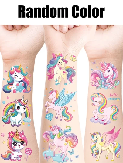 Cute Cartoon Unicorn Temporary Tattoos For Boys And Girls, Rectangular Shape Suitable For Birthday Party Supplies, Gift Bags Decoration, Waterproof Realistic Body Art Stickers, Effective For 2-5 Days, Fun Arm Stickers, Cartoon Y2K Fashion Stickers, Stationery Stickers, Children's Day, Easter Gifts