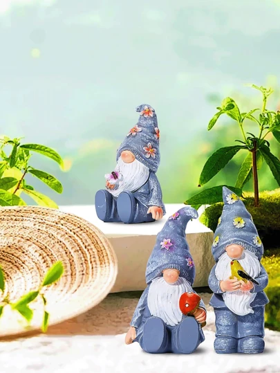 一套矮人装饰树脂雕像，包含可爱的蘑菇、鸟和蝴蝶矮人造型，适合家居、桌面、书架和礼品装饰（灰色）。