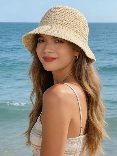 1顶纯色简约草编渔夫帽，防风、防紫外线、3D立体设计、可折叠、时尚百搭、优雅、柔软舒适、透气、多功能、修饰脸型，适合海滩、户外、旅行、徒步、骑行、约会及各种场合。