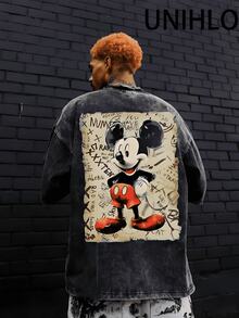 Disney UNIHLO  Mickey    Printed Summer Heavyweight Retro Washed Street Fashion Casual T-Shirt - Black - View 3