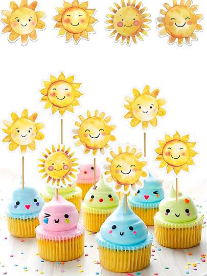 12 piezas de decoraciones para cupcakes con diseño de girasol y sol - Decoraciones de pastel con caras sonrientes alegres, adecuadas para fiestas de cumpleaños infantiles con tema de verano, hechas de material de bambú, sin necesidad de montaje, decoración de cumpleaños de sol aplicable para Halloween, Navidad y suministros para fiestas