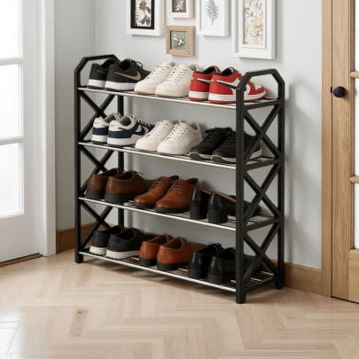 Four-Tier Heavy-Duty Shoe Rack, Suitable For 8 Pairs Of Shoes-A Lightweight, Freestanding Shoe Rack Made With A Sturdy Metal Frame And Plastic Material. A Space-Saving Shoe Storage Rack Suitable For Entryways, Hallways, And Bedroom Floors (Easy To Assemble)-Ideal For Small Spaces (Black).