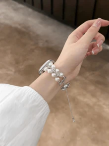 New Luxury Minimalist Pearl Compatible Applewatch Strap Bracelet 40mm/38mm/41mm Series 10/9/8/7/SE Series 6/5/4 Women's Handmade Multi-Layer Wrapped Strap Compatible With Applewatch Strap 3/2/1 Replacement - Silver - View 3