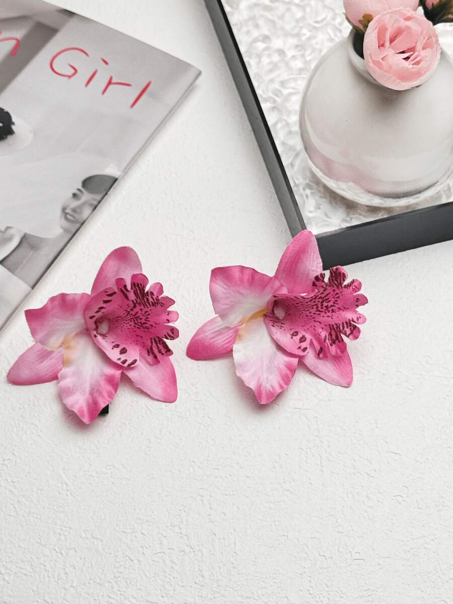 2pcs/Set Tie Dye Pink Gradient Rhododendron Flower Beach Vacation Chinese Style Gradient Flower Hair Clips, Suitable For Daily, Travel, Party Outfits - Multicolor - View 1