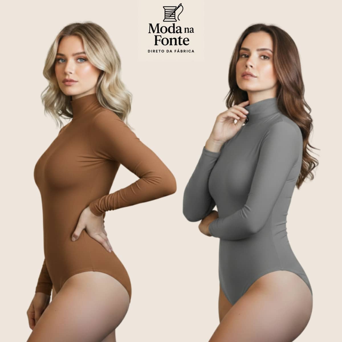 Women's Basic Second Skin Bodysuit Set With High Neck And Long Sleeves - High Fashion Blogger Style - 兩件套(棕色+灰色) - 查看 1