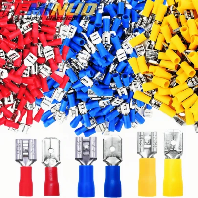 TEMINUO 80个公母绝缘插片连接器，6.3mm 1/4" 22-16/16-14/12-10 AWG - 电气快速断开线连接器 - 镀锡黄铜PVC压接端子，红蓝黄三色组合套装，适用于汽车、视频适配器、家用电器