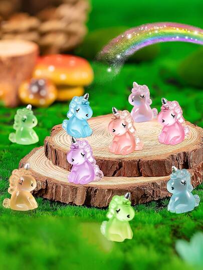 12pcs Cute Mini Glow-In-The-Dark Unicorn Figurines - Luminous Resin Rabbit Micro Landscape Statues, Suitable For Garden, Party Decoration Accessories, DIY Crafts, Holiday Party Decorations And Gifts, Fairy Garden Accessories