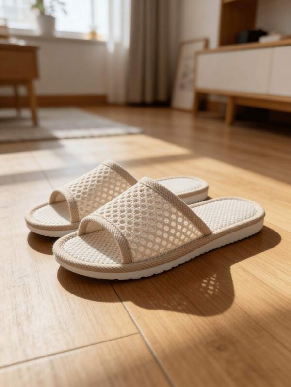 1 Pair Spring/Summer Open Toe Linen Slippers, Couples Style Hollow Breathable Comfortable Quiet Indoor Lightweight Women Slippers