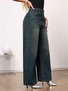 Women's Mid-Waist Retro Wide-Leg Non-Stretch Jeans, Elegant Casual Wear - Teal Blue - View 4