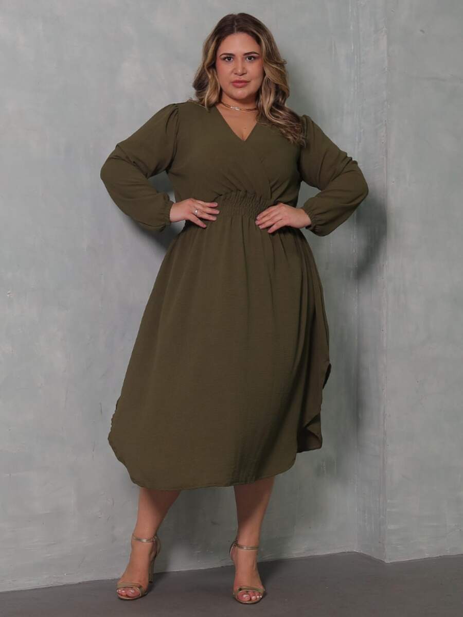 Women's Long Sleeve V-Neck Wrap Dress, Casual Midi Style With Discreet Slit, Plus Size, Comfortable - 軍綠色 - 查看 1