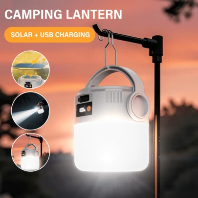 LiHangStar 1/2pcs 2-In-1 Solar & USB Rechargeable Lantern, Super Bright LED, Camping Hanging Light With Metal Hook, Tent Light, Portable Flashlight, Suitable For Camping, Hiking, Fishing, Emergency - Includes USB Cable
