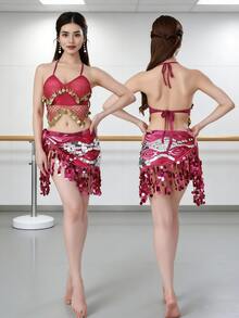 Women's Belly Dance Set Sequined Tassel Bra + Waist Chain Latin Dance Performance Practice Clothing Set - Multicolor - View 2