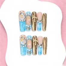 Nailplus 10 PCS Handmade Long Square Press-On Nails | Icy Blue Gilded Vintage Style Angel Pattern Nails With 3D Metal Cross & Pearl Designs, Sparkling Glitter & Retro Embossed Texture Nail Art For Y2K & Punk Daily Fashion Looks (Tool Kit Included) - Follow Your Heart - Xem 10