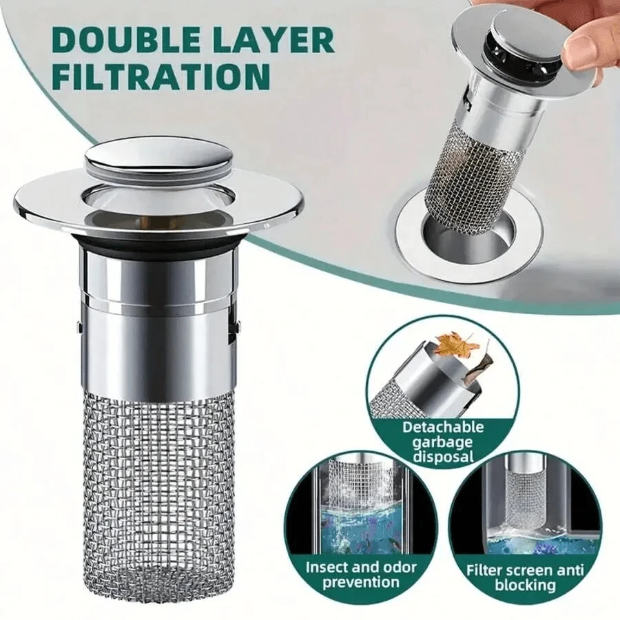 1个毛发收集过滤器，弹出式浴室水槽排水器，不锈钢水槽过滤器带毛发收集器，镀层，适用于排水孔直径3.4-4.0厘米，请检查您的排水孔尺寸！