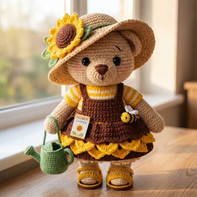 一套适合初学者的钩针编织套装，包含详细的文字说明，可DIY制作向日葵小熊，现代家居装饰，可爱的生日/情人节礼物。
