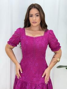 Midi Dress In Cotton Lace Knit With Square Neckline For Parties And Weddings - Rose Red - View 4