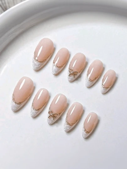 10 Handcrafted French Short Nail Patches. This Artificial Nail Art Set Comes In A Variety Of Colors Such As White, Pink, Gold, Blue And Yellow, And Is Designed To Be Cute And Charming. Press On Nails