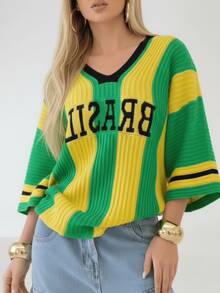 Brazil Women's Knit Crochet Shirt With V-Neck, World Cup Style, Green And Yellow Blouse, Brazil National Team Fashion - Màu vàng - Xem 5