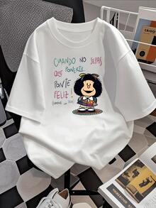 Mafalda Ponte Feliz! Graphic Women's Pattern Print Cotton TShirt  Nostalgic Cartoon Style Tee  Breathable & Soft Fabric  Casual Daily Wear, Thoughtful Gift For Her - 白色 - 查看 2