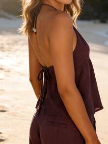 Women's Halter Neck Tops Sleeveless Open Back Bead Detail Flowy Cami Tops Summer Shirts - Dark Brown - View 5