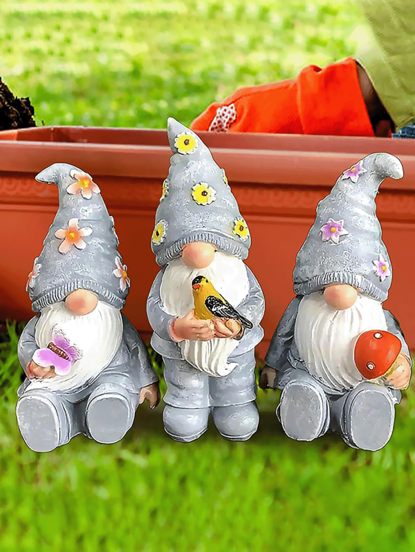 3/1 件套矮人装饰树脂雕像，可爱的蘑菇、鸟、蝴蝶和矮人造型，适合家居、桌面、架子和礼品装饰（灰色）。