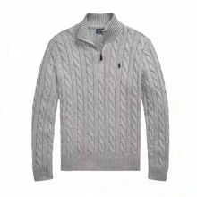 Polo Ralph Lauren Embroidered Knit Sweater For Men Fall/Winter Stand Collar Cable-Knit Half-Zip Thermal Sweater - Grey - View 6