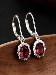 1对S925纯银耳环，镶嵌合成锆石，优雅红色水滴形设计，高品质女士珠宝 - 銀色 - 查看 5