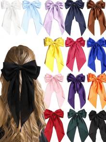 10pcs Random Color Satin Bow Hair Clips, Women Hair Accessories, Cute Hair Bands, Extra Large Long Tail Hair Clips, Metal Hair Clips, Claw Clips, School Supplies, Hair Decorations, Hairpin - Multicolor - View 1