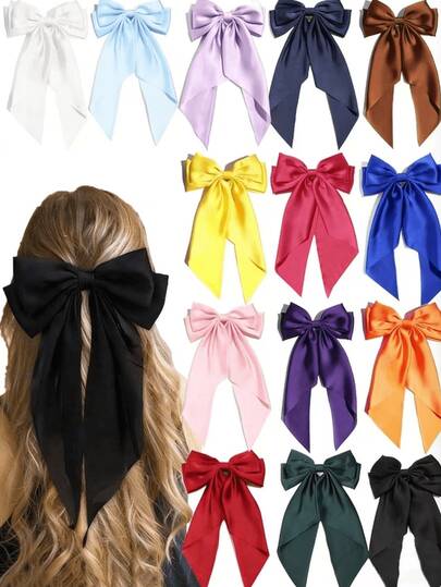 10pcs Random Color Satin Bow Hair Clips, Women Hair Accessories, Cute Hair Bands, Extra Large Long Tail Hair Clips, Metal Hair Clips, Claw Clips, School Supplies, Hair Decorations, Hairpin