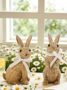 Escultura decorativa de escritorio con diseño de conejo adorable, hecho de material de vid, decoración de Pascua para el hogar, jardín y habitación de niños - A - Ver 4
