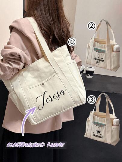 Customizable Canvas Tote Bag With Your Name. Personalized Tote Bag, Shoulder Bag, Casual Shopping Bag, Large Capacity Shoulder Bag, Suitable For Work, Travel, Multifunctional, Universal, Large Capacity, Lightweight, Practical School Supplies, Suitable For Teenagers, Middle School Students, High School Students, College Students, Freshmen, 2nd Grade Students And Lower Grade Students. Customizable Ladies Shoulder Bag, Simple And Comfortable.