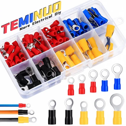TEMINUO 220/110个环形端子绝缘O型压接连接器，M3 M4 M5 M6 M8 22-10 AWG 10种规格混合绝缘电缆连接器电线压接对接组合套装，适用于船舶、卡车、汽车音响配件，红蓝黑黄三色套装
