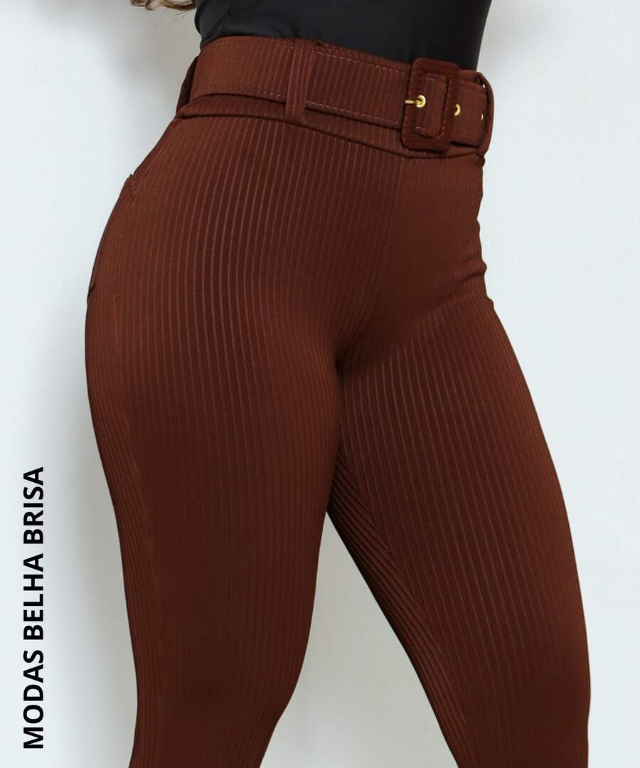 Premium 3D Ribbed Shaping Pants With Belt, Blogger Style. - Óxido marrón - Ver 1