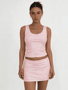 Womens Two Piece Summer Outfits Glitter Sequin Sleeveless Tank Tops And Mini Skirt Set Clubwear - 粉色 - 查看 1
