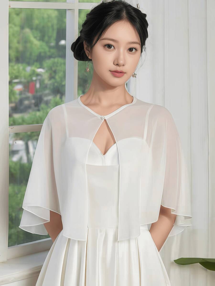 白色雪纺披肩斗篷，简约设计，适合婚礼、日常穿着、驾车、参加派对，性感公主风，饰有仿珍珠纽扣 - 白色 - 查看 1