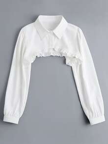 1pc Women Casual Solid White Button Ruffle Collar Long Sleeve Non-Stretch Shawl Collar Blouse, Suitable For Autumn/Winter Holiday And Daily Wear - White - View 3