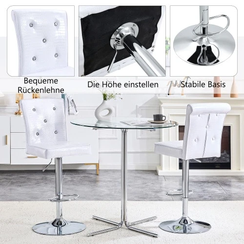 A Set Of Two Retro White Alligator Leather Bar Stools, Featuring A Crystal Buckle Design And Synthetic Leather, Brings A Touch Of Elegance And Mystery To The Dining Area. - White - View 1