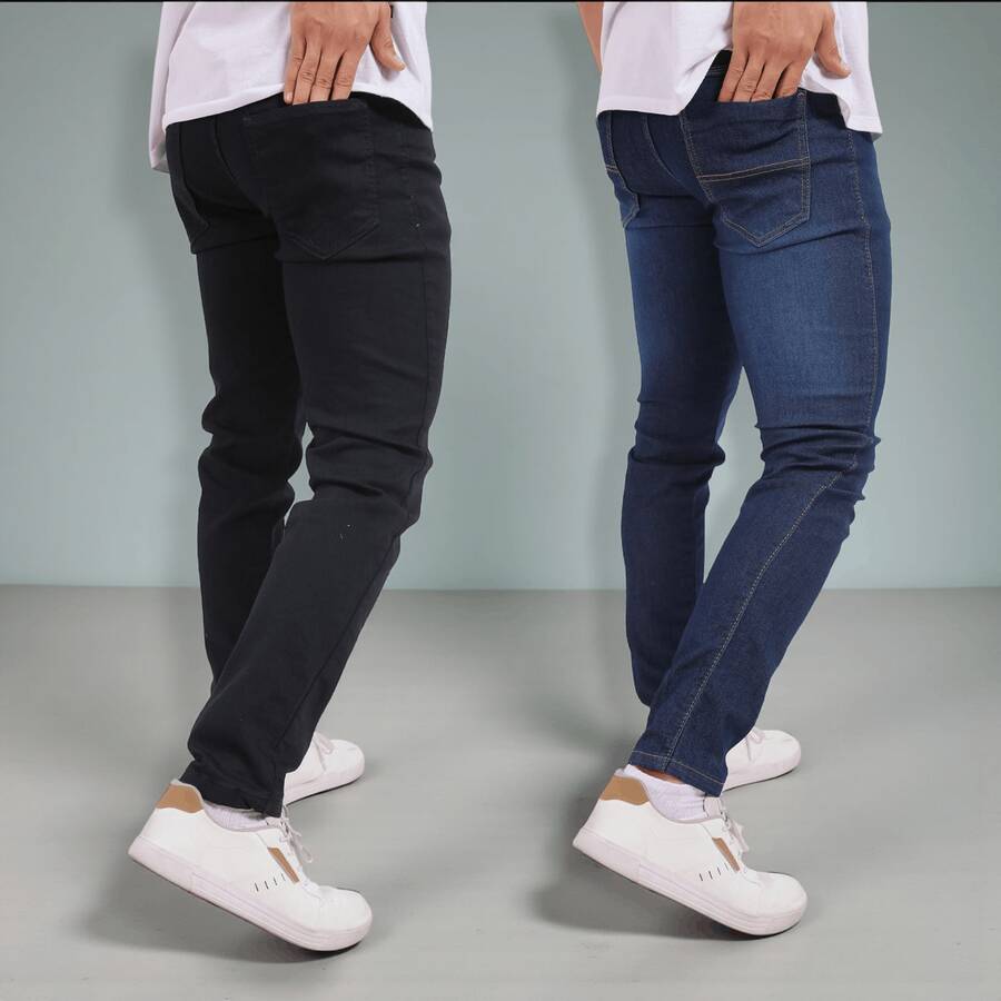 Set Of 2 Men's Slim Fit Dark Jeans With Elastane – Comfortable Men's Fashion - preto/escuro - 查看 1