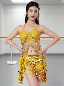 Women's Belly Dance Set Sequined Tassel Bra + Waist Chain Latin Dance Performance Practice Clothing Set - Multicolor - View 9