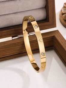 Set Perhiasan Gelang Wanita Stainless Steel Baru Berkualitas Tinggi dengan Batu Zirkonia Bunga, Cocok untuk Pemakaian Sehari-hari - Kuning Emas 17 - View 4