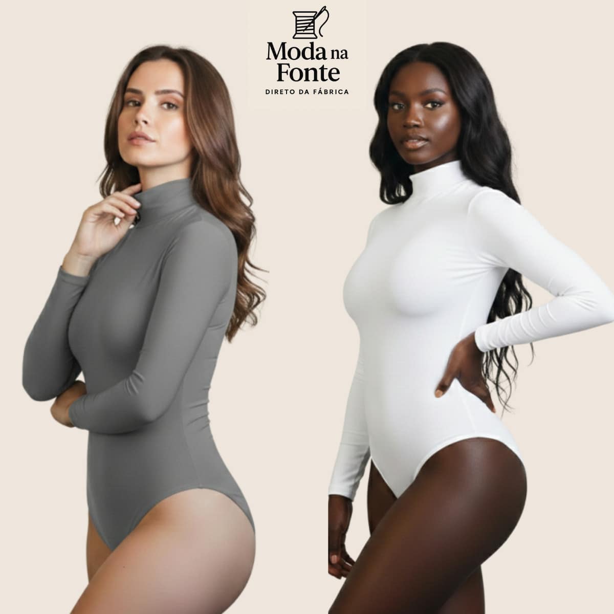 Women's Basic Second Skin Bodysuit Set With High Neck And Long Sleeves - High Fashion Blogger Style - 兩件套裝(白色+灰色) - 查看 1